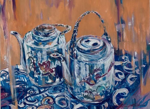 "Two Funky Teapots" 2019 oils/gesso board; 305 x 406 mm - (Price $650)